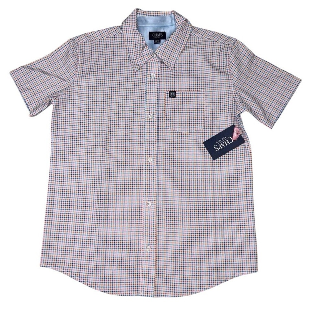 Chaps Button Up Shirt‎ Boys 14/16 Multi Color Check Short Sleeve Stretch NEW